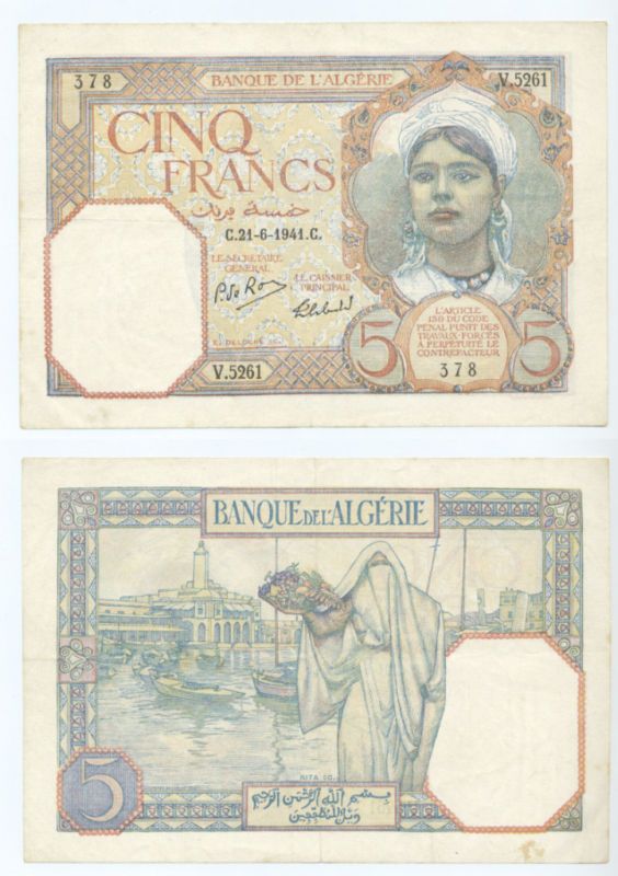 Algeria P 77b, 5 Francs, 1941, XF.  