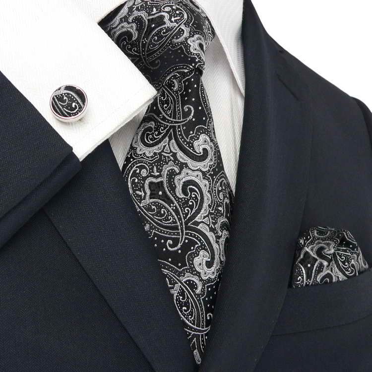 LANDISUN 31E BLACK WHITE PAISLEY SETTIE+HANKY+CUFFS  