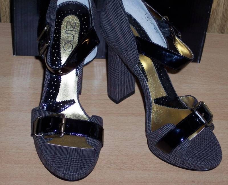 Zinc Greene Plaid & Patent Platform Sandal Black   New  