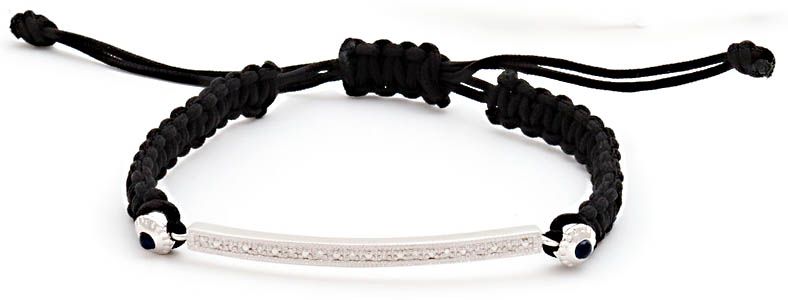 Black Macrame Bar on Silk Cord Bracelet in 925 Sterling & Diamond 