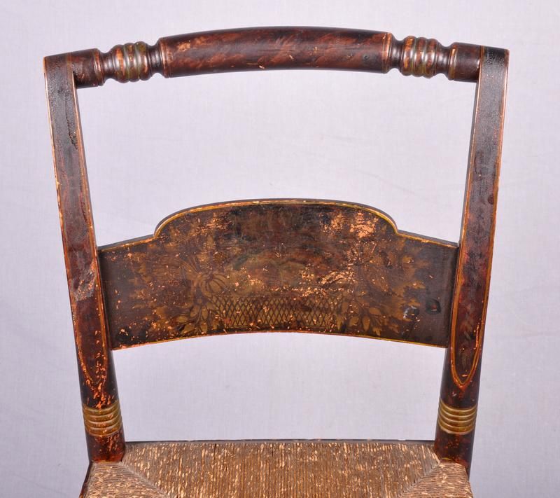 c1840 Antique Hitchcock Rush Seat Stencil Side Chairs  
