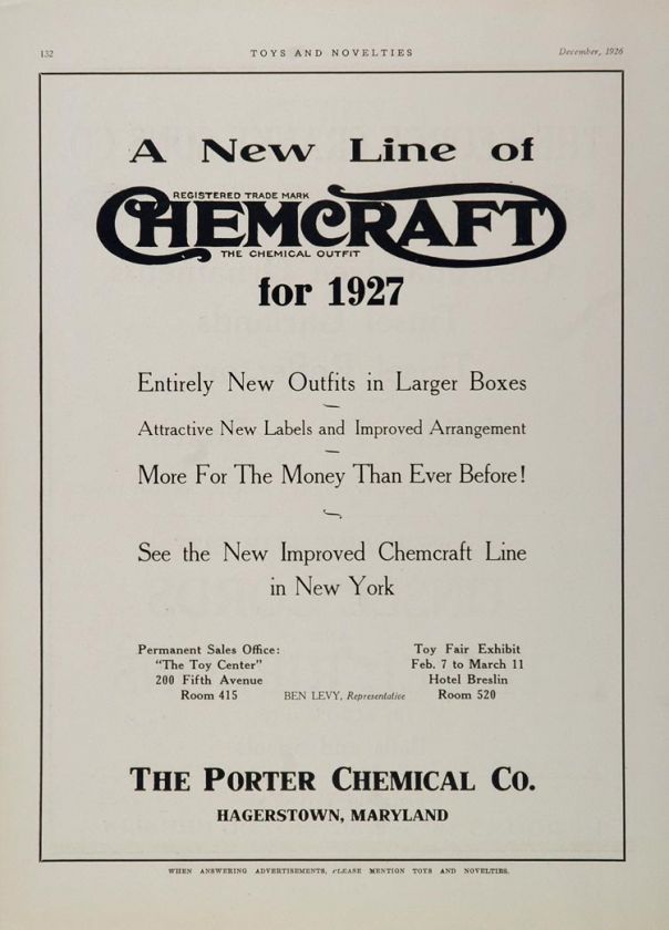 1926 Ad Chemcraft Toy Chemistry Set Porter Chemical Co.   ORIGINAL 