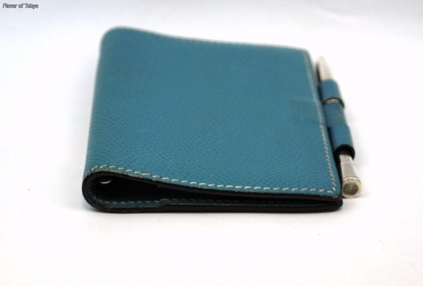 Auth HERMES Blue Jean Leather Mini Agenda Cover w/ Pen  