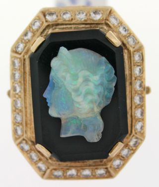 Opal Cameo Onyx Diamond 14K Yellow Gold Ring  