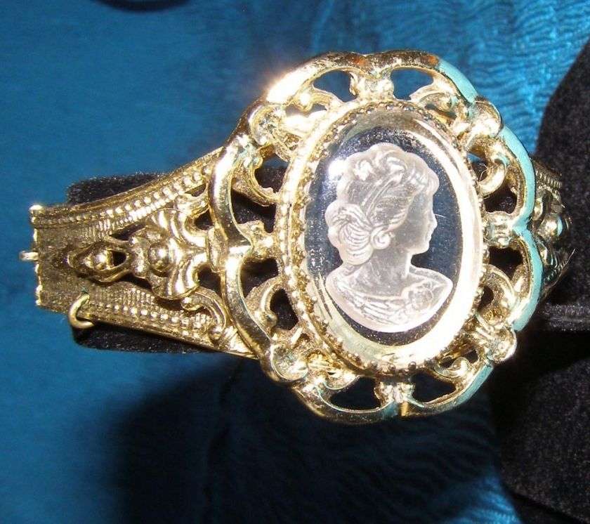 Whiting Davis Goldtone Intaglio Cameo Clamper Bracelet  