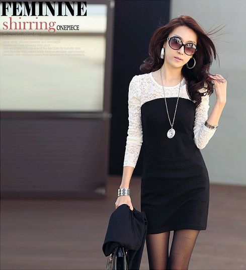 Asian Sizes L 3XL Women Lace Stitching Long Sleeve Slim Cut Mini Dress 