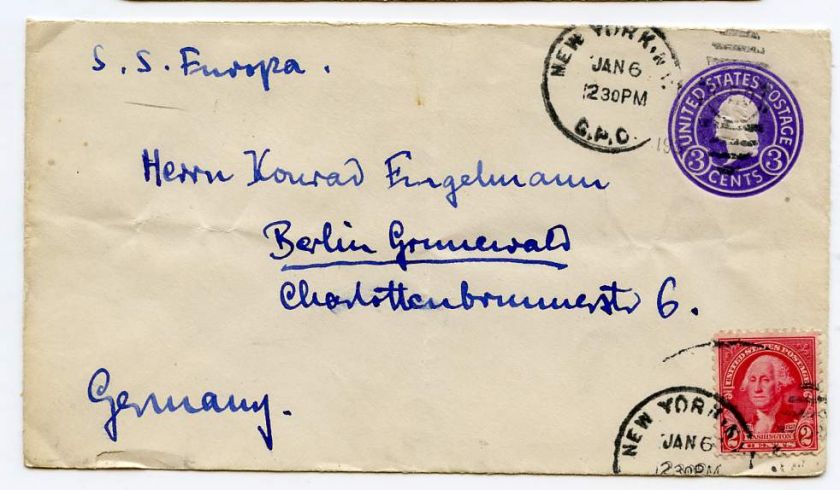 New York NY GPO to Germany Viea SS Europa 1930s Cover, creased. Make 