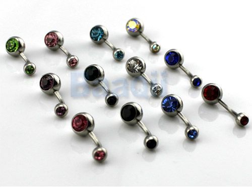 12 Ball Gem Crystal Rhinestone Belly Navel Barbell Button Bar Ring 