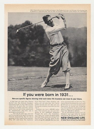   New England Life Insurance Golfer Francis Ouimet 1931 Photo Print Ad