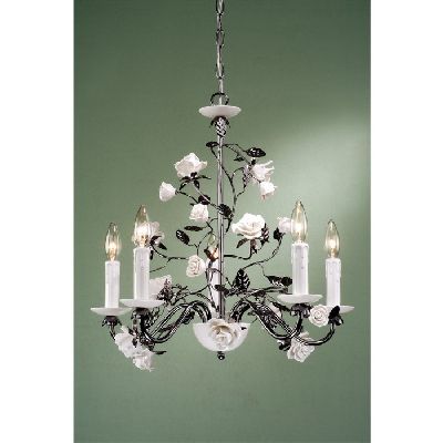   Vintage Chandelier Lighting Fixture, Gun Black, Cream Rose Flowers