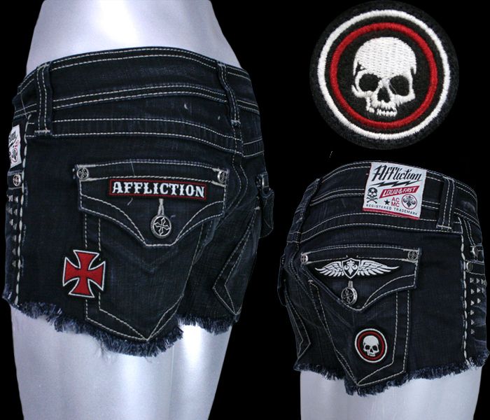 AFFLICTION womens VIKKI sportster flap JOURNEY denim shorts patches 