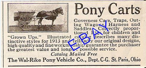 1913 WAL RIKE PONY CART AD BUGGY WAGON ST. PARIS OHIO  