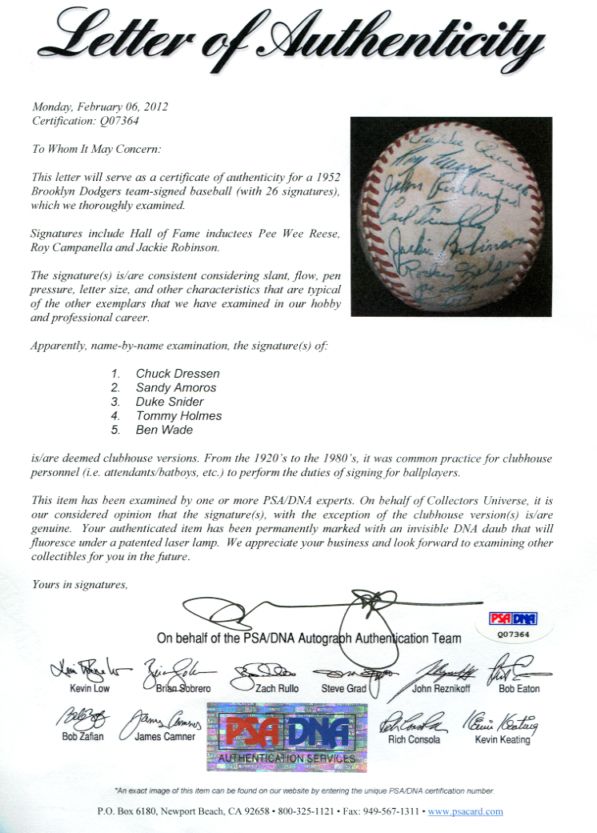 1952 DODGERS SIGNED TEAM BASEBALL PSA/DNA JACKIE ROBINSON, CAMPANELLA 