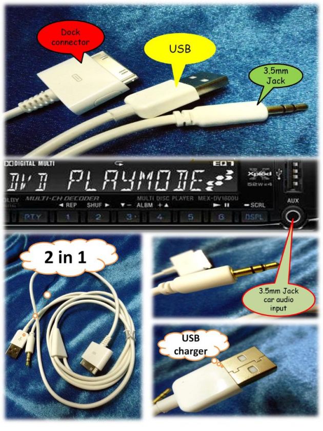 iPhone 4 3gs Car audio speaker Aux USB charger Cable  