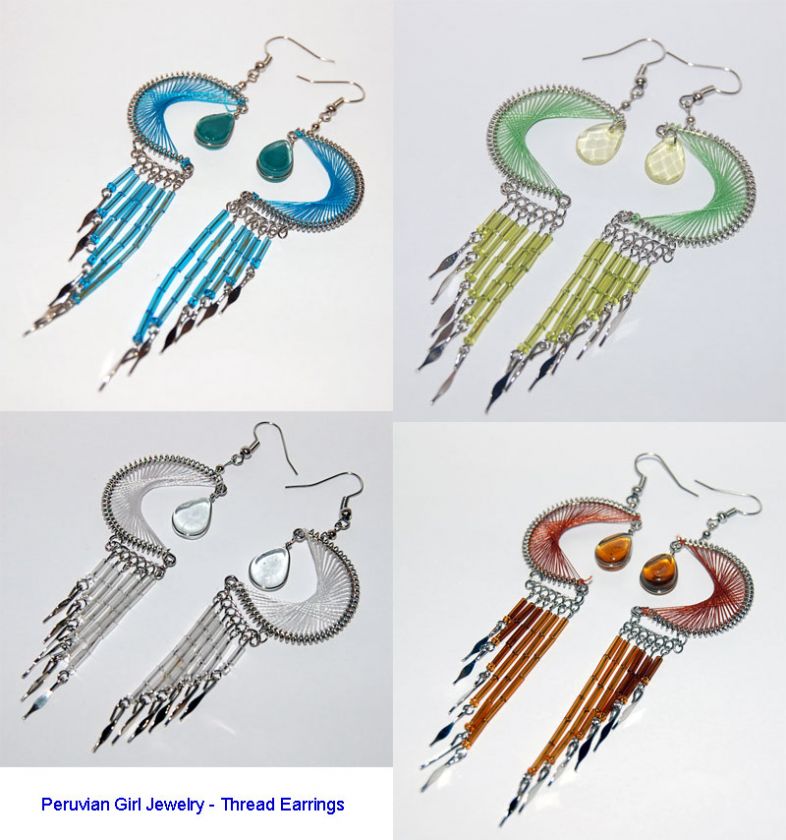 10 THREAD SILK EARRINGS LONG DANGLE PERU JEWELRY UNIQUE  