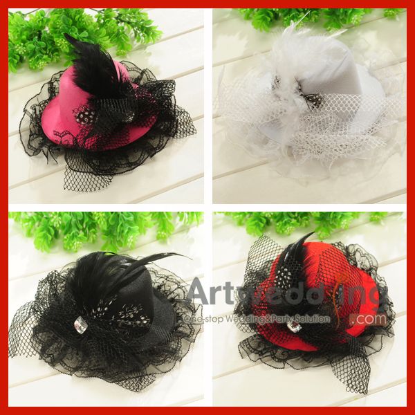 Flannelette Wedding Hat with Feather and Rhinstone (Watermelon/White 