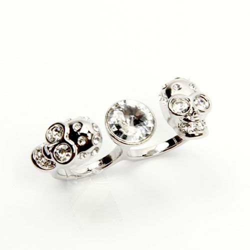 Big Swarovski Crystal Skull Two Finger Ring AU Size O US Size 7 White 