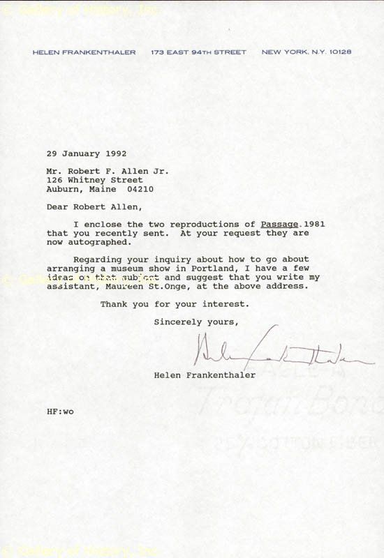 HELEN FRANKENTHALER   TYPED LETTER SIGNED 01/29/1992  