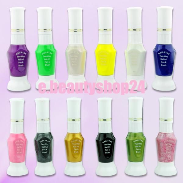 12 Colors 2 Way False Nail Art Brush Pen Varnish Polish  