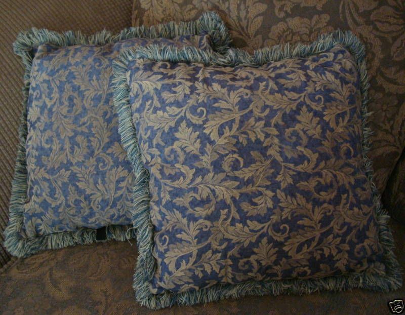 Gray/Blue Gold/Beige Acanthus Leaves Throw Pillows x2  