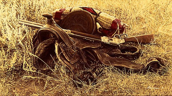 1880s Still Life of Saddle and Rifle by James Bama  