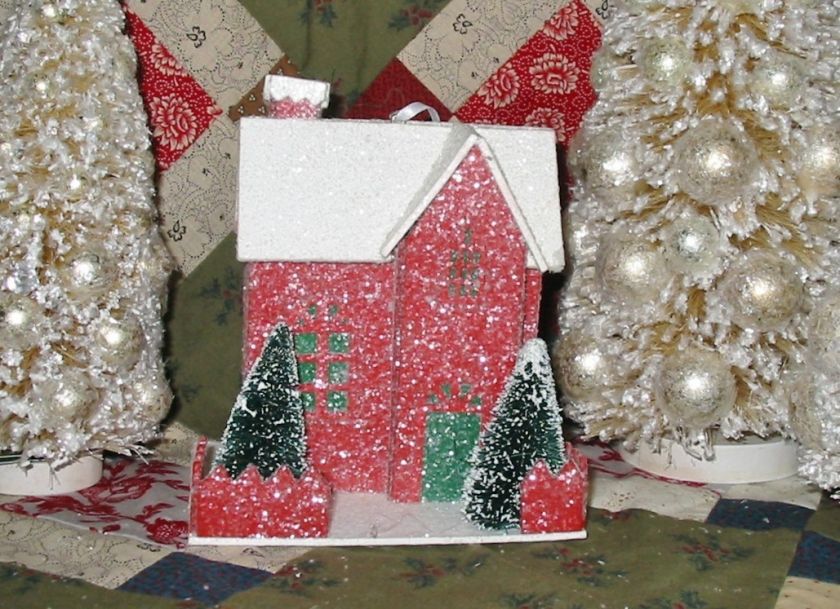 Colonial Primitive Red Putz Christmas House Ornament Paper Mache 