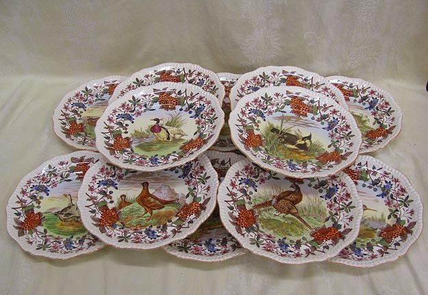 ANTIQUE COPELAND SPODE GAME BIRDS FLORAL PLATE SET 12  