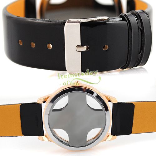   DELUXE MEN BLACK LEATHER HOLLOW CROSS DIAL ROSE GOLDEN NEW  