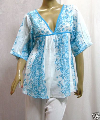   WOMENS BLOUSE COTTON SHIRT WHITE & BLUE ORIENTAL PRINT TOP S M  