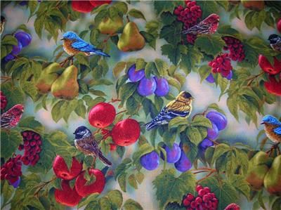 New Birds Fruit Trees Leaves Red Blue Grapes Plums Apples Fabric BTY 