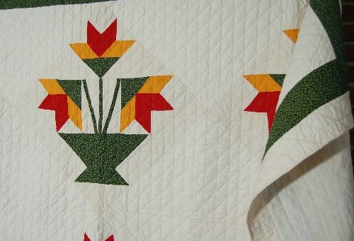 1870s Red, Green & Cheddar Carolina Lily Antique Quilt  