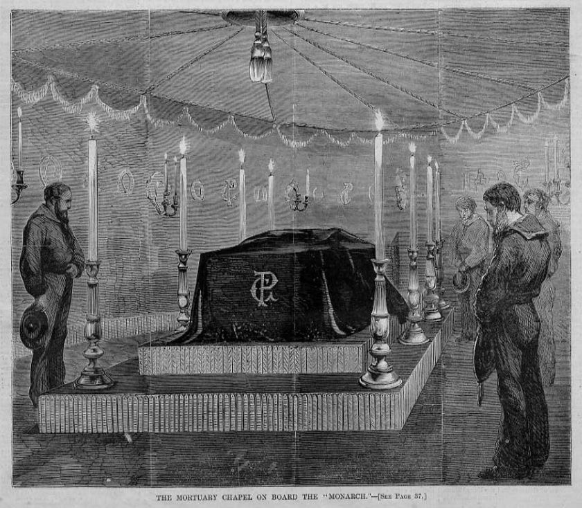 MORTUARY CHAPEL ON BOARD SHIP MONARCH, CASKET PEABODY  