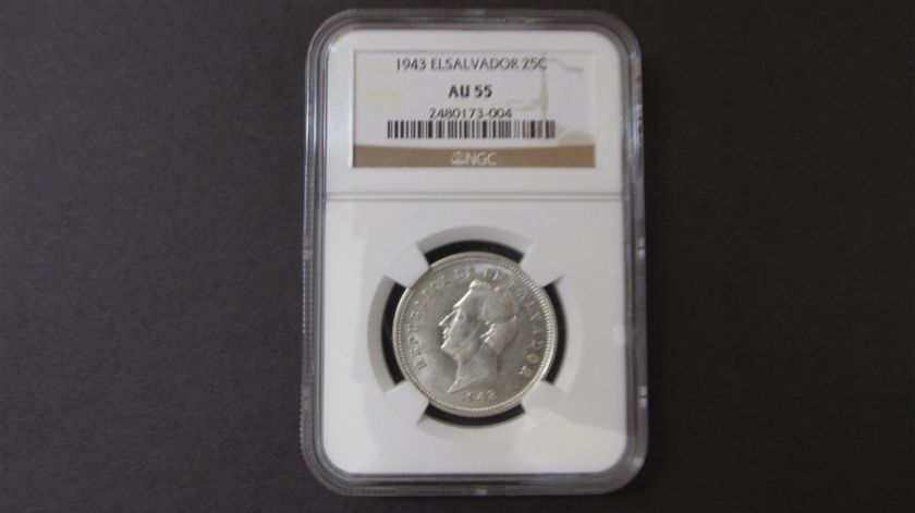 El Salvador 1943 Silver 25 centavo.NGC AU 55  