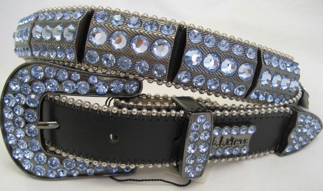 BB SIMON BLACK LEATHER BELT    BLUE CRYSTALS XX LARGE  