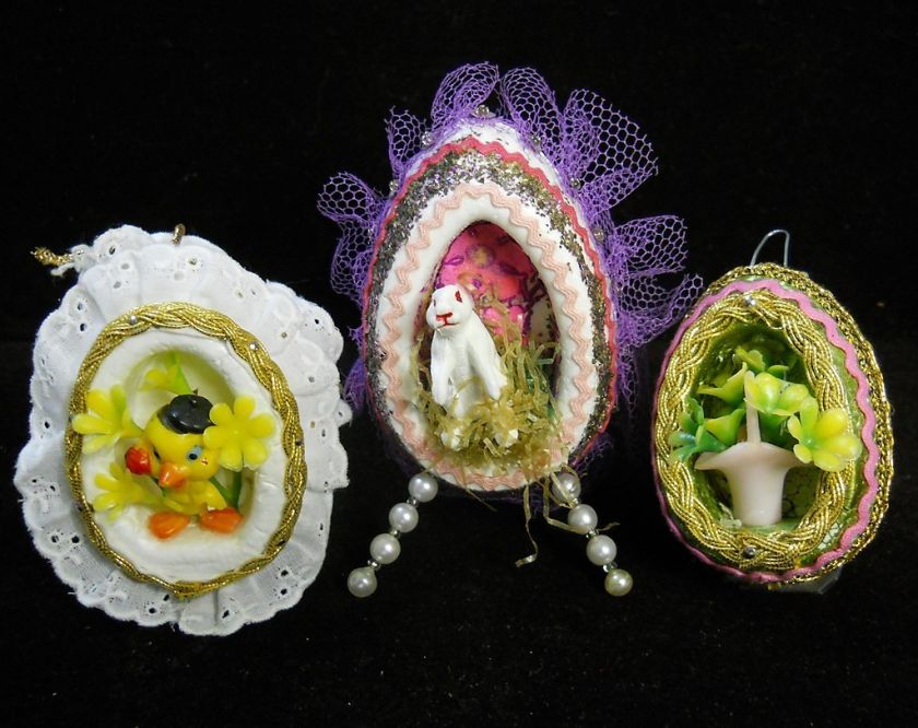 Easter Ornaments Shadowbox Eggs Vintage handmade beads ric rack  