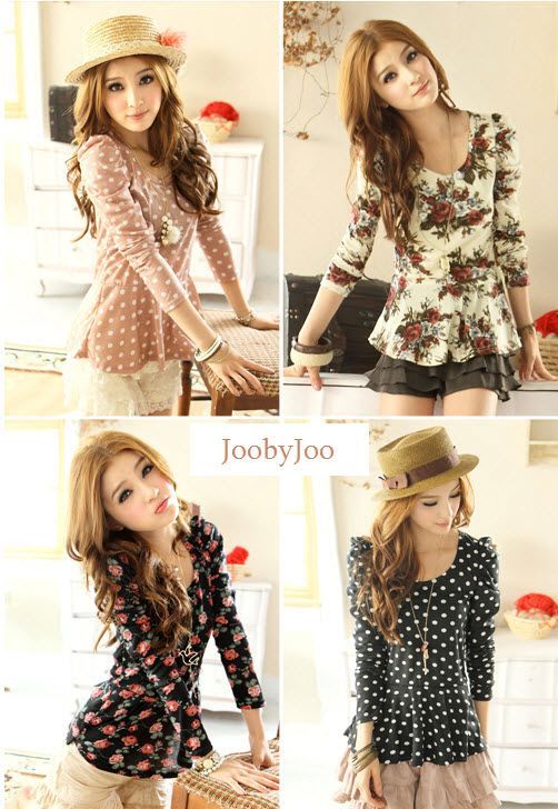 FREE SHIP S/M NEW Women Polka Dots Puff Ruched Cotton Peplum Blouse 