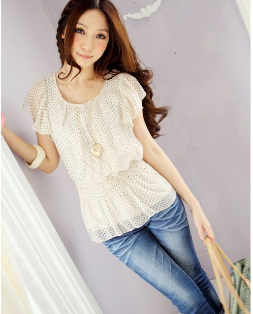 FREE SHIP S/M NEW Women Lady Navy Sheer Polka Dots Chiffon Blouse Top 