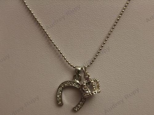 Rhinestones Horseshoe & Imperial Crown Pendant Necklace  