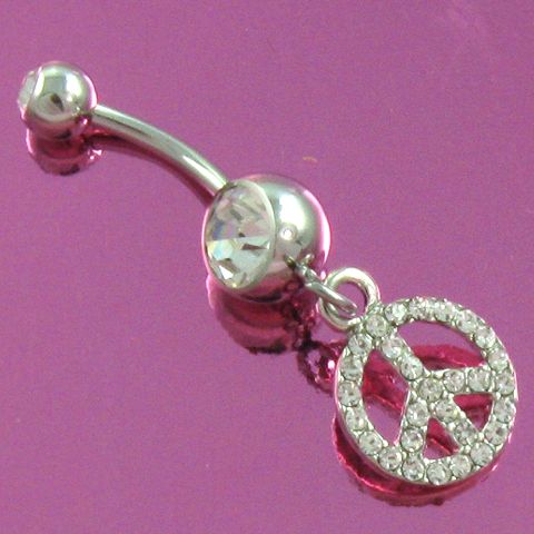 CLEAR PEACE SIGN CRYSTALS DANGLE NAVEL BELLY RING bp235  