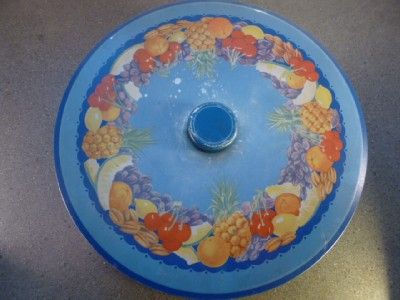 Vintage Metal Cake Carrier Plate Blue with Fruit Wreath Design  