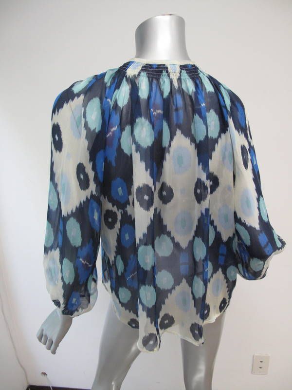 Tucker Blue/Beige Ikat Print Sheer Button Down Long Sleeve Blouse S/M 