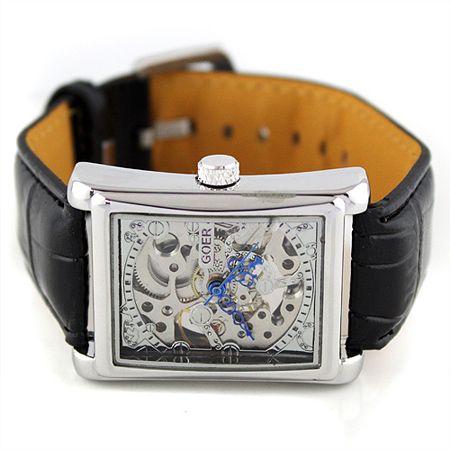 NEW Square Black Leather Mens Mechanical Wrist Watches  