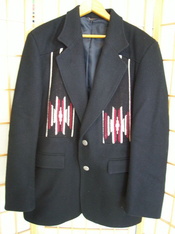 VTG PIONEER BLACK WOOL INDIAN MOTIF SPORTCOAT SZ 38 EUC  