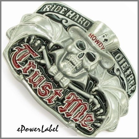 A332 Trust Me, Biker Howdy skull , Pewter Belt buckle  