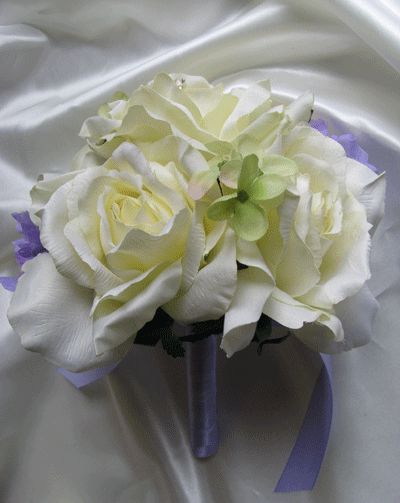 17pc Bouquet wedding flowers IVORY LAVENDER GREEN  