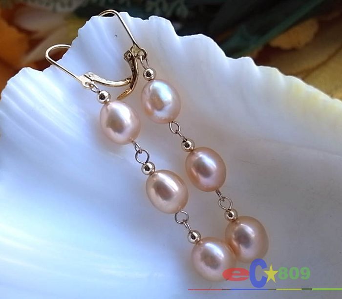 DANGLE 11MM PINK RICE FW CULTURED PEARL EARRING 14k  