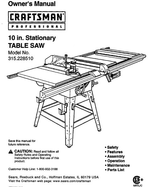  Craftsman Table Saw Owners Manual Many Models Av.  