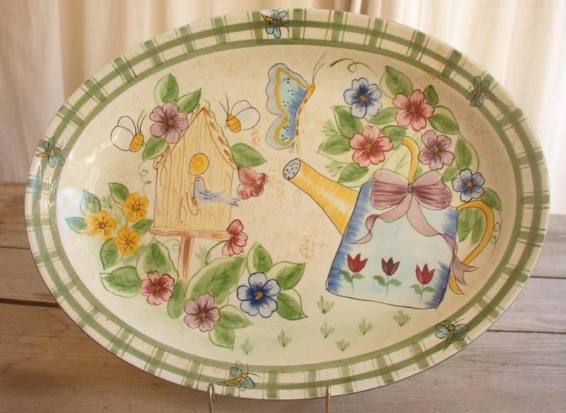 LA Pottery Laurie Gates Oval Platter Trellis Bird House  