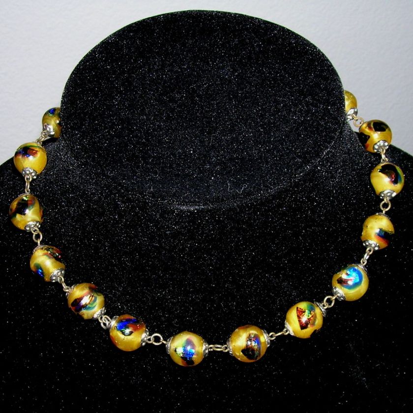 Vintage Venetian Foil Glass Bead Necklace Vintage Peacock Eye Opal 