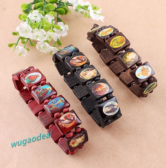   Stylish Wooden Oblong Jesus Pattern Jewelry Stretchy Bracelet  